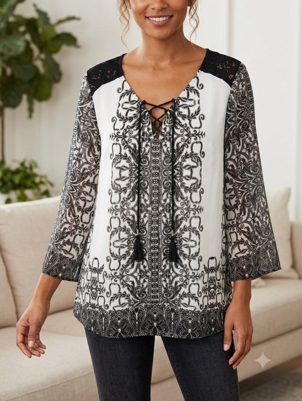 Roz & Ali Black & White Medallion Paisley Lace-Up Tunic Blouse Lg Bohemian